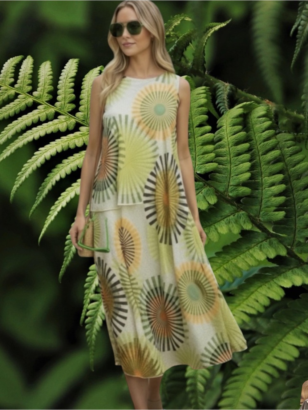 Komarov Sleeveless Green Sunburst Midi Set Skirt M and Top S